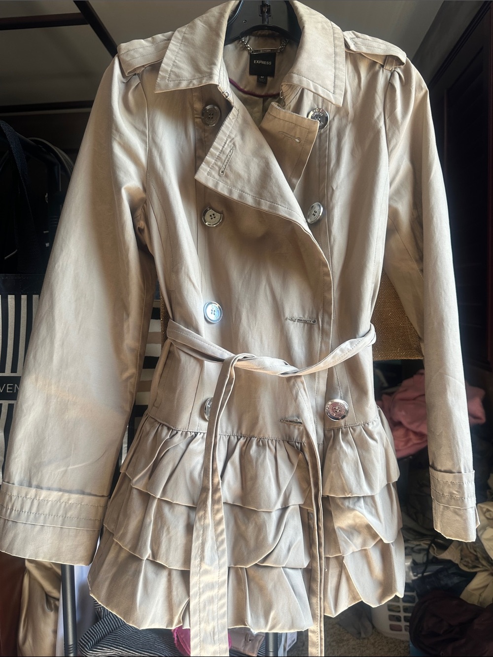 Express Beige Ruffle-Hem Double-Breasted Trench Coat